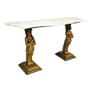 Vintage French Renaissance Victorian Style Gold Figural Marble Top Console Table For Sale