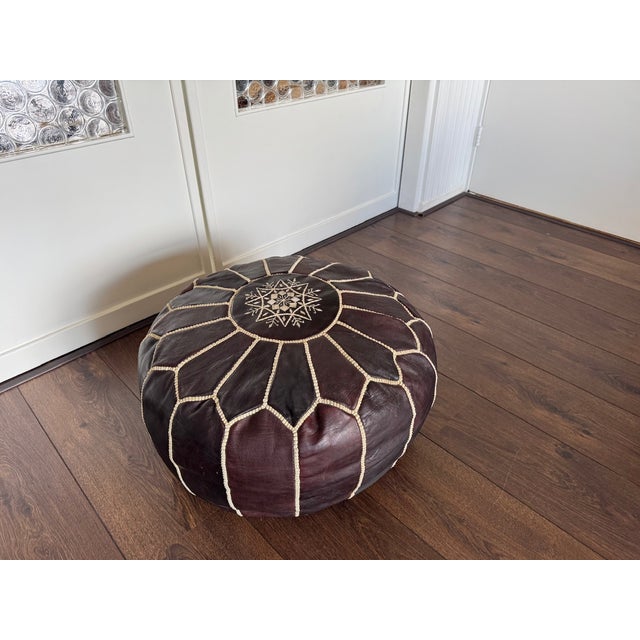 Mid-Century Embroidered Brown Leather Pouf For Sale - Image 5 of 9