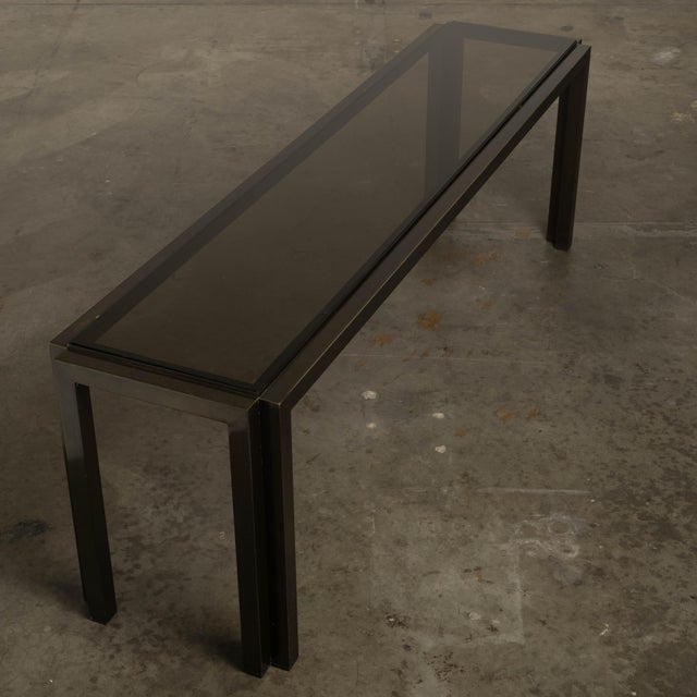 Metal 1960s Metallic Console Table Long & Low Glass Gunmetal Ultra Cool 73” For Sale - Image 7 of 16