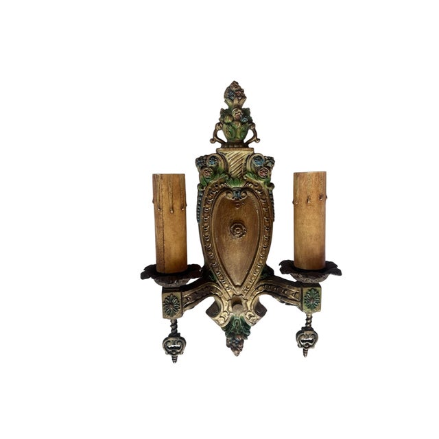 Art Nouveau 1910s Original Old Painted Wall Sconce With Flower Baskets Leaves and Berries For Sale - Image 3 of 3