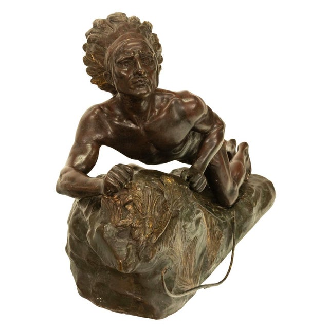 Metal Antique French Art Deco Bronze Sculpture Native American Indian Hunter Scout by René-André Varnier, Circa 1920 For Sale - Image 7 of 18
