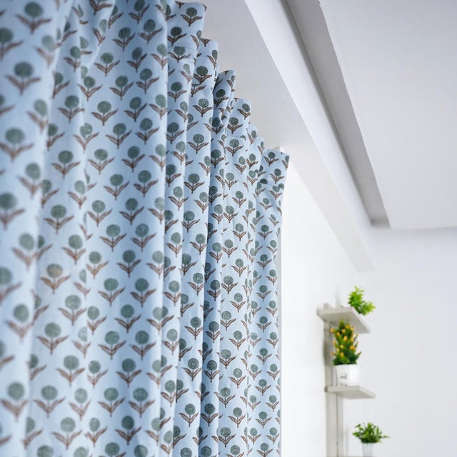 Rustic “Viscose Colored Linen Block Print Ring Curtain – Semi-Sheer Size,54"X57"- Genda Pushp For Sale - Image 3 of 7