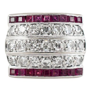 Antique Art Deco 14k White Gold 1.44ct Five Row Diamond Ruby Band Ring, Size 6 For Sale