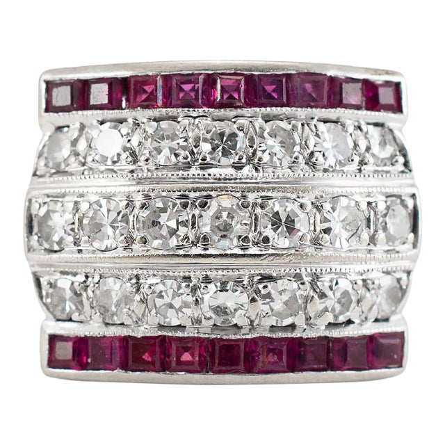 Antique Art Deco 14k White Gold 1.44ct Five Row Diamond Ruby Band Ring, Size 6 For Sale