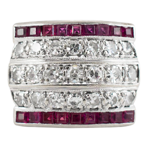 Antique Art Deco 14k White Gold 1.44ct Five Row Diamond Ruby Band Ring, Size 6