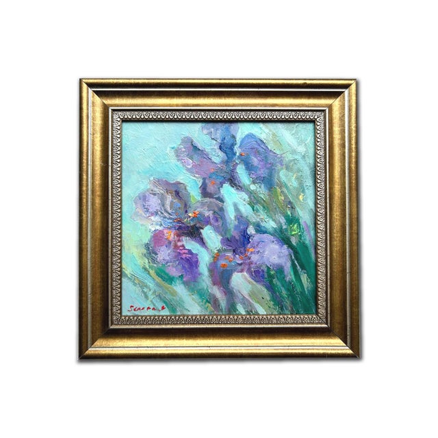 2020s Framed Flower Blue-Violet Irises Original Painting by Artist Valeriya Serova For Sale - Image 5 of 11