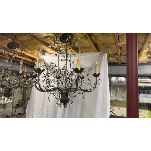 French Country 1940s French Pair of Wrought Iron and Crystal Branch Chandeliers For Sale - Image 3 of 11