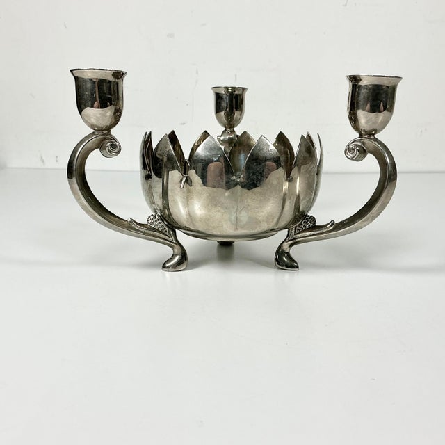 Chinoiserie Mid-Century Chinoiserie Hollywood Regency Lotus Flora Centerpiece Vase With Three Candleholders For Sale - Image 3 of 12