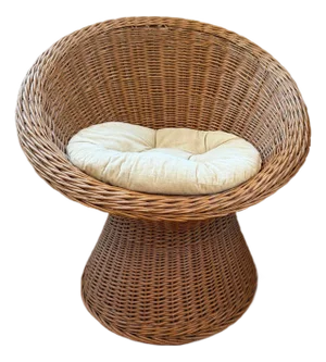 Sculptural Vintage Rattan Bucket Lounge Chair With Cushion – Boho Chic, 1970s
