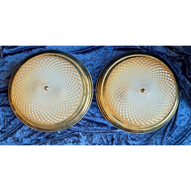 Vintage Ceiling Lamps with Brass Rim and Relief Glass Shade, 1970s, Set of 2, in Very Good conditions. Designed 1970 to...