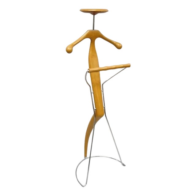 Late 20th Century Porada Italian Post Modern Sculpted Walnut Wood and Chrome Clothing Suit Valet For Sale