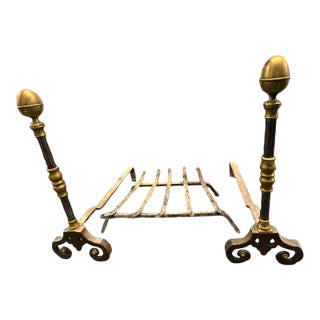Antique Brass & Iron Andirons With Fire Grate – Decorative Fireplace Set For Sale