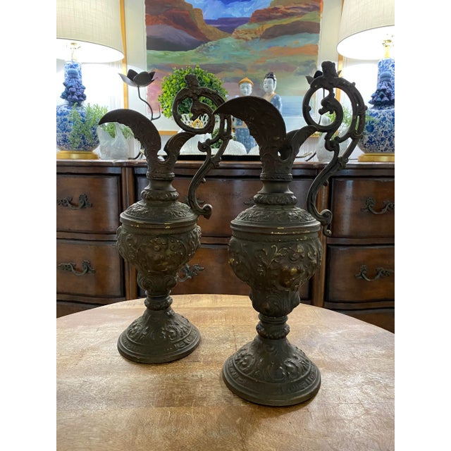 Antique Guilded Cast Brass or Bronze Ornate Renaissance Ewers / Pitchers- a Pair For Sale - Image 12 of 12