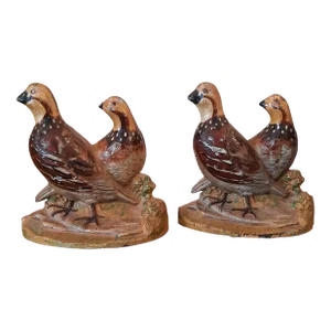 Early 20th Century Hubley Cast Iron Painted Quail Bookends- a Pair
