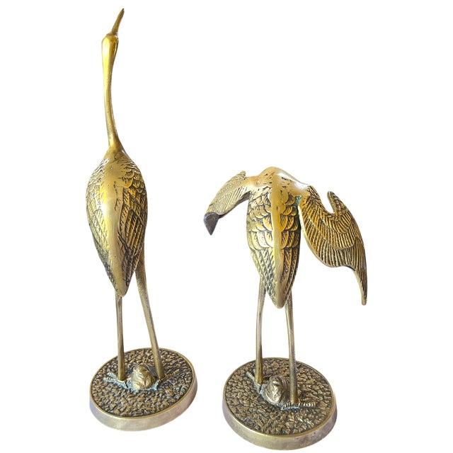 Contemporary Vintage Brass Crane Sculptures Pair Coastal Palm Beach Style After Maitland Smith 12" Tall For Sale - Image 3 of 12