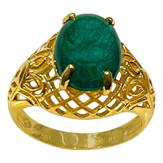 3.3 Carat Oval Emerald Cabochon 14 Karat Yellow Gold Cocktail Ring Vintage For Sale