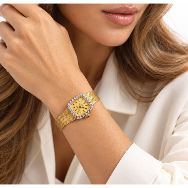Omega Mid 20th Century Classic Omega 14k Yellow Gold Diamond Halo Ladies Quartz Watch For Sale - Image 4 of 4