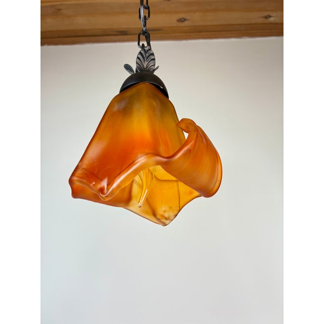 Glass Vintage Murano Amber Glass Pendant, Italian Art Glass Hanging Light With Warm Diffused Glow For Sale - Image 7 of 15