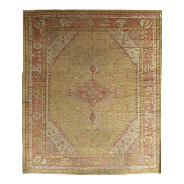 Antique Turkish Oushak Carpet, Handmade Oriental Rug, Gold, Coral, Green, Taupe For Sale