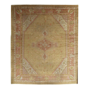 Antique Turkish Oushak Carpet, Handmade Oriental Rug, Gold, Coral, Green, Taupe