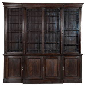 Large 19th Century English Oak Glazed Breakfront Bookcase, 1870s