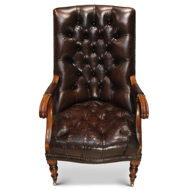 William IV Brown Leather Chesterfield Library Chair on Castors For Sale - Image 4 of 8