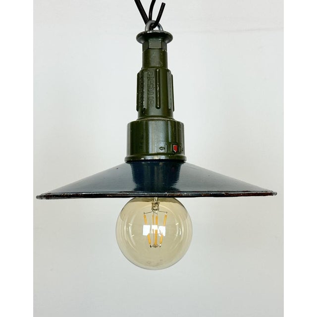 Blue Industrial Blue Enamel Military Pendant Lamp with Cast Aluminium Top, 1960s For Sale - Image 8 of 16