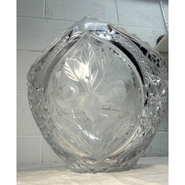 Large Vintage Hand Cut Clear Crystal Glass Flower Basket Centerpiece Bowl For Sale - Image 11 of 13