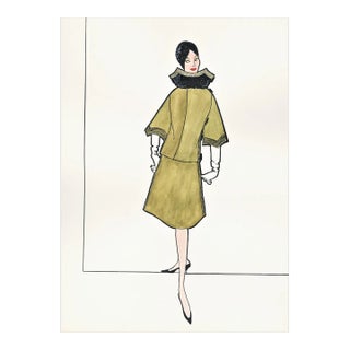 1950s Rare French Fashion Drawing in Gouache With Documentation, Matted For Sale