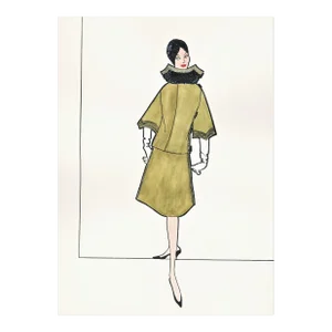 1950s Rare French Fashion Drawing in Gouache With Documentation, Matted