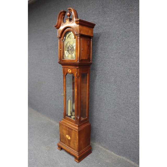 Traditional Howard Miller “Taylor” Mahogany Grandfather Clock With Brass Dial & Triple Weights For Sale - Image 3 of 14