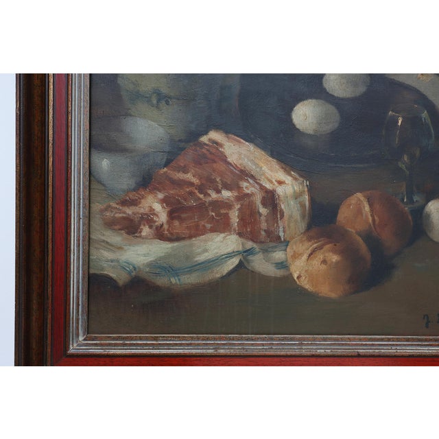 J. De Bruyne, Realist Still Life with Ham, Eggs and Bread, 1920s, Oil on Canvas For Sale - Image 6 of 11