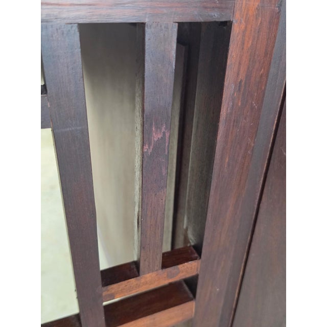 Vintage Asian-Inspired Dark Wood Executive Desk With Brass Hardware & Fretwork For Sale - Image 12 of 12