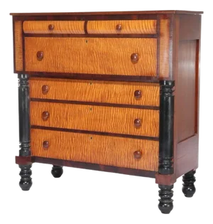 Antique American Empire Ebonized Cherry & Tiger Maple 6 Drawer Chest C1840
