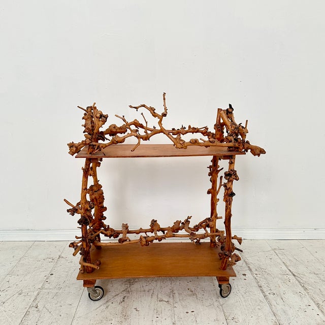 Mid-Century Bar Cart in Brown Burl, Plywood and Root Wood, 1960s For Sale - Image 4 of 14