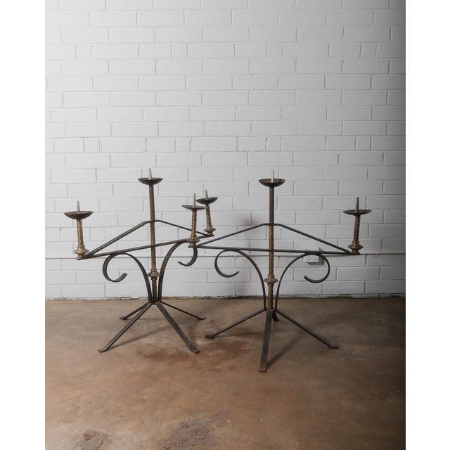 Pair of Large Wrought Iron and Brass Church Candelabras For Sale - Image 4 of 10