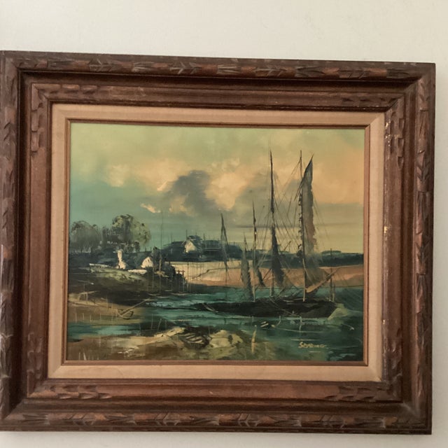 Mid 20th Century Painting on Canvas Nautical Ship Harbor Scene Signed Framed For Sale - Image 10 of 12