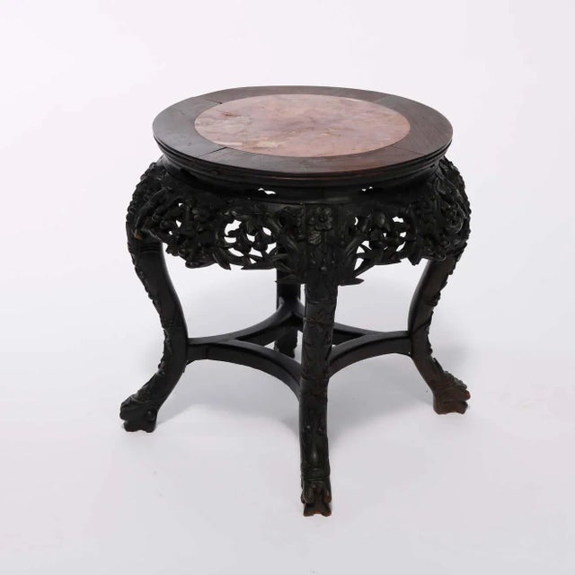 Antique Chinese Carved Hardwood Marble Top Plant Stand, Circa 1920 For Sale - Image 11 of 13