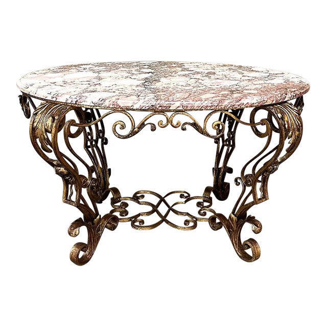 Antique Italian Painted Wrought Iron Marble Top Coffee Table For Sale