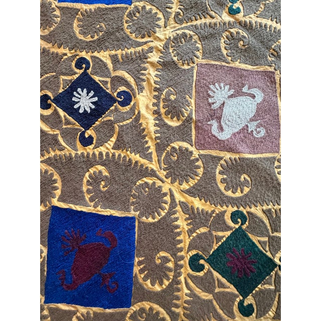Textile Gold Lattice Cotton Suzani With Blue Diamond Motifs For Sale - Image 7 of 10