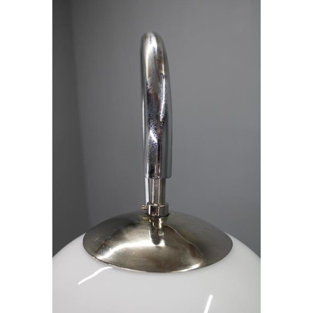 Metal Art Deco Chrome Floor Lamp with Milk Glass Globe and Walnut Base, Former Czechoslovakia, 1930s For Sale - Image 7 of 13