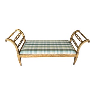 1950s Minton-Spidell French Provincial Gilded Scroll Arm Upholstered Window Bench – Green Plaid For Sale