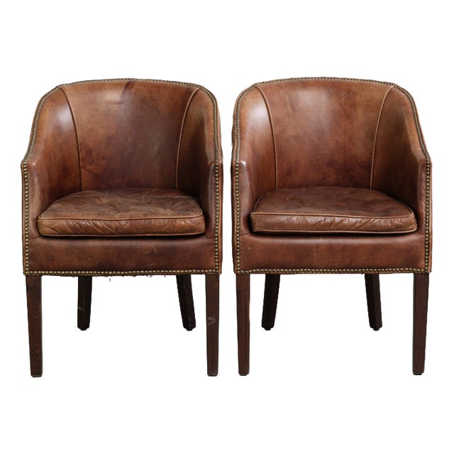 English Cognac Cowhide Leather Occasional Chairs, Set of 2 For Sale
