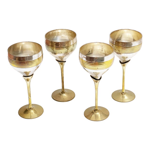 Vintage Ultra Mod Two Tone Silver & Brass Tall Stemmed Wine Glasses - 4 Pieces For Sale
