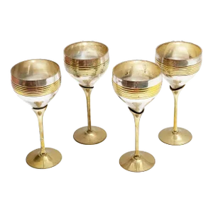 Vintage Ultra Mod Two Tone Silver & Brass Tall Stemmed Wine Glasses - 4 Pieces