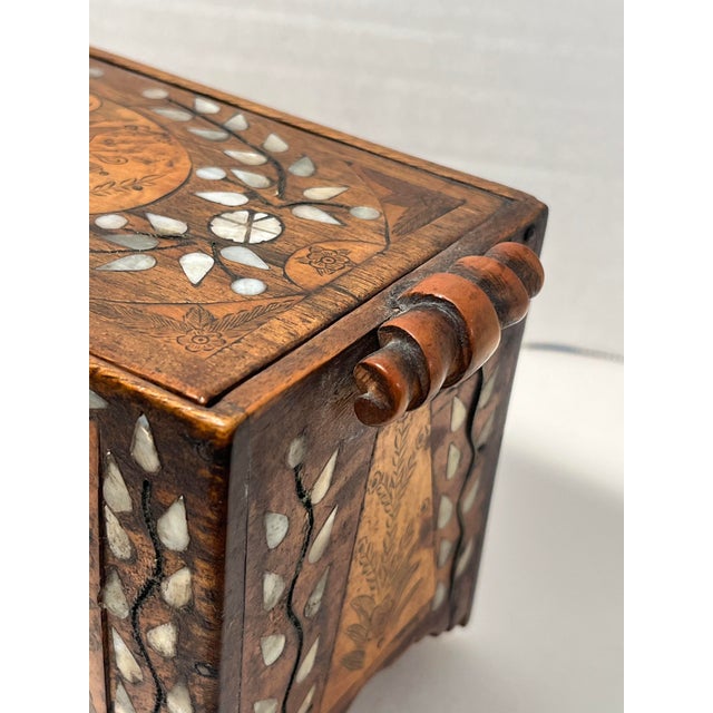 Antique 19th C. Moroccan Wooden Hand Crafted Mother of Pearl and Copper Dowry Box For Sale - Image 4 of 13