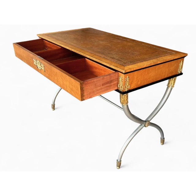 Refined Neoclassical French Empire Desk With Leather Top and Sculptural X Base For Sale - Image 12 of 18