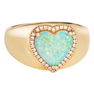 Opal Heart Diamond Ring 14k Yellow Gold Wide Band Sz 7 Estate Fine Jewelry For Sale