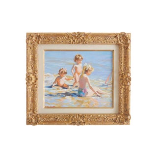 Mid 20th Century Impressionist Style Figurative Beach Scene Oil Painting, Framed For Sale