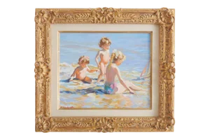 Mid 20th Century Impressionist Style Figurative Beach Scene Oil Painting, Framed